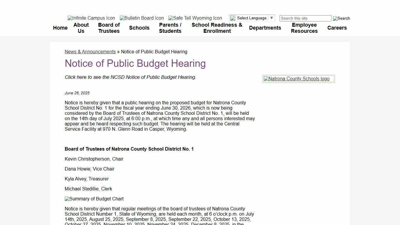 Notice of Public Budget Hearing | Natrona County School District 1
