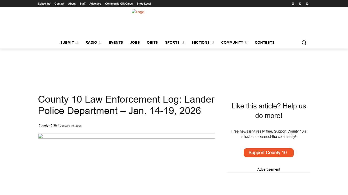 County 10 Law Enforcement Log: Lander Police Department - Jan. 14-19, 2026 - County 10